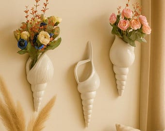 Seashell Wall Vase: White Ceramic Coastal Decor, Boho Planter