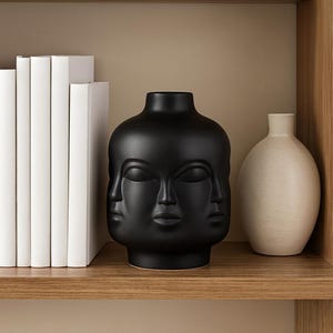 Może przedstawiać: Czarny ceramiczny wazon z wieloma twarzami, kremowy wazon i stos białych książek na drewnianej półce. Czarny wazon ma matowe wykończenie i unikalny rzeźbiarski design. Dekoracja domu.