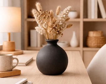 Matte Black Rounded Ceramic Vase, Minimalist Nordic Home Decor, Small Sculptural Bud Vase, Modern Tabletop & Boho Shelf Accent