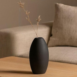Jarrón ovalado de cerámica negra, decoración moderna en forma de botella para un hogar neutro.