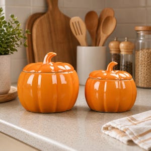 Op de afbeelding: Twee glanzende oranje keramische potten in de vorm van een pompoen met deksel staan naast elkaar. Elke pot heeft een afgerond lichaam met verticale ribbels en een kleine, gebogen steel als handvat op het deksel. Het keramiek is glad.
