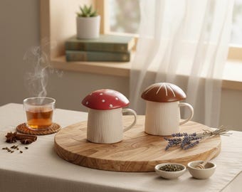 Mushroom Ceramic Coffee Mug with Lid | Retro Desk Decor