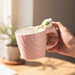 May include: A pink ceramic mug with a spiral design. The handle features a white and yellow duck figurine. The duck has green polka dots and a yellow beak. The mug is held by a person.