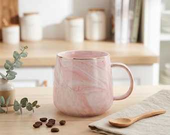 Pink Nordic Marble Ceramic Mug – Gold Rim Coffee & Breakfast Cup