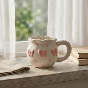 May include: A cream-colored ceramic mug with a scalloped rim, adorned with pink bows and hearts. The mug has a rounded shape and a large, curved handle. It sits on a wooden surface near a window with sheer curtains.