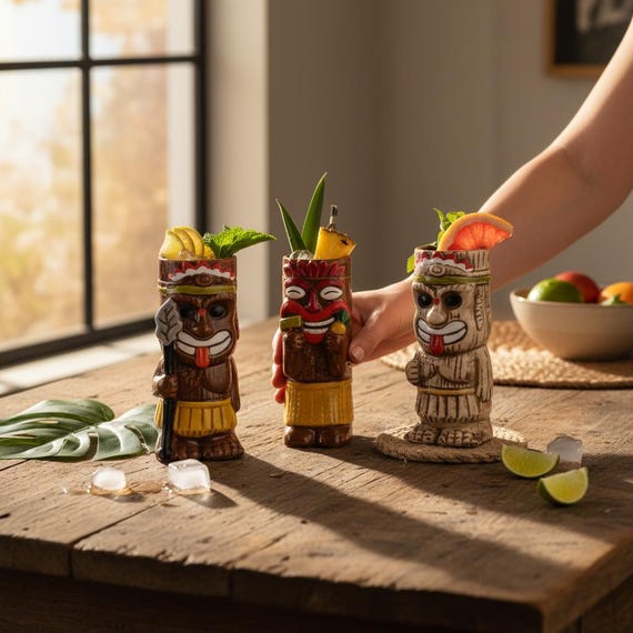 Hawaiian Tiki Mug – Brown Ceramic Zombie Cocktail Cup, Creative Drinkware for Tiki Bar & Party