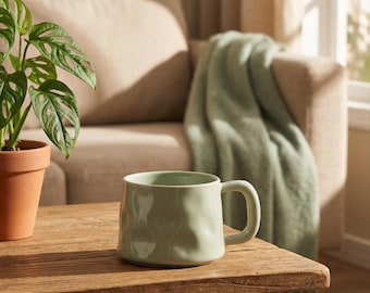 Muted Green Wavy Ceramic Coffee Cup & Saucer Set 300ml Mug for Tea or Coffee