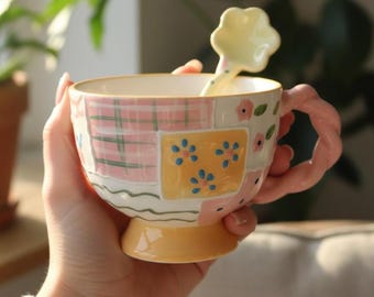 Hand-Painted Patchwork Ceramic Mug with Flower Spoon • Cottagecore Drinkware