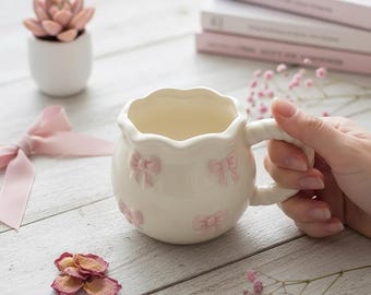 Taza de cerámica con lazo de cinta rosa – Taza de café de porcelana pastel