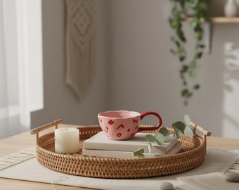 Hand-Pinched Ceramic Mug, Red Letter Detail, Korean-Inspired
