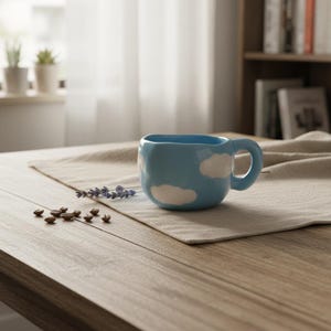 May include: A light blue ceramic mug with white cloud designs. The mug has a rounded square shape and a curved handle. The mug is on a beige placemat on a wooden table. A few coffee beans and lavender sprigs are also on the table.