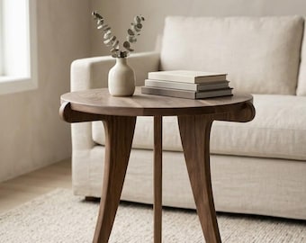 Solid Walnut Side Table, Round Wood End Table, Japandi Mid Century Nightstand, HALO