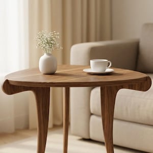 Könnte beinhalten: Ein hölzerner Beistelltisch mit drei Beinen und einer dreieckigen Tischplatte. Eine weiße Vase mit kleinen weißen Blumen und eine weiße Teetasse mit Untertasse stehen auf dem Tisch. Der Tisch ist aus warm getöntem Holz.