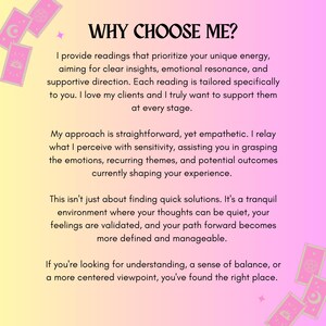 May include: A pink and yellow graphic with the text "WHY CHOOSE ME?" and descriptive text about readings. The image includes illustrations of tarot cards in the corners.