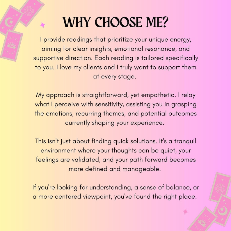 May include: A pink and yellow graphic with the text "WHY CHOOSE ME?" and descriptive text about readings. The image includes illustrations of tarot cards in the corners.