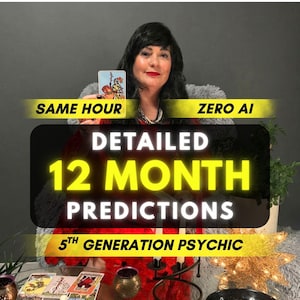 May include: A person with dark hair wearing a red top holds a tarot card. Text overlays read: SAME HOUR, ZERO AI, DETAILED 12 MONTH PREDICTIONS, 5TH GENERATION PSYCHIC. Tarot cards, candles, and a star-shaped light are visible on the table in front.