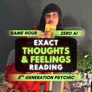May include: A person in a red garment holding a tarot card with the text SAME HOUR ZERO AI, EXACT THOUGHTS & FEELINGS READING, and 5TH GENERATION PSYCHIC overlaid on the image. The card features a figure in a yellow robe standing in a garden.