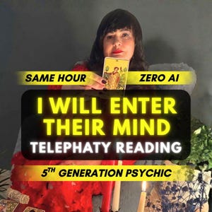 May include: A person with dark hair wearing a red garment holds a tarot card featuring a figure with coins. Text overlays read SAME HOUR ZERO AI, I WILL ENTER THEIR MIND TELEPHATY READING, and 5TH GENERATION PSYCHIC. Two lit candles are visible.