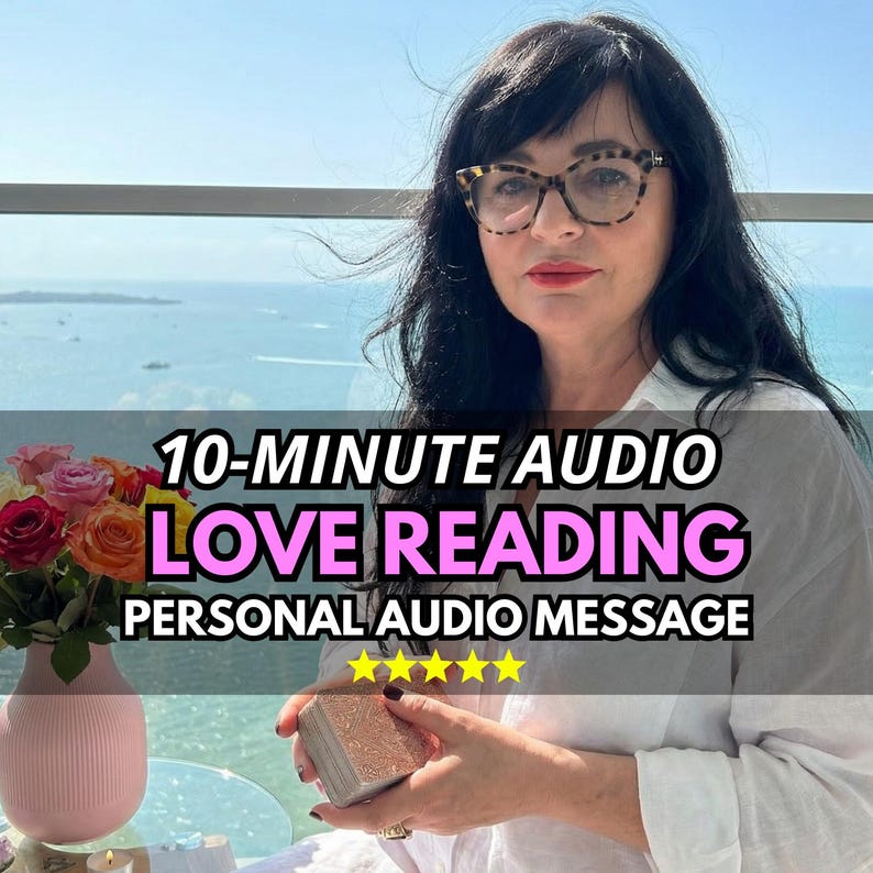 May include: A woman with dark hair and glasses holds a deck of cards. The image includes text that reads "10-MINUTE AUDIO LOVE READING PERSONAL AUDIO MESSAGE". A vase of roses is on the left.