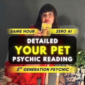 May include: A psychic reading service advertisement featuring a person in a red garment holding a Nine of Pentacles tarot card. Text overlays include SAME HOUR, ZERO AI, DETAILED YOUR PET PSYCHIC READING, and 5TH GENERATION PSYCHIC.