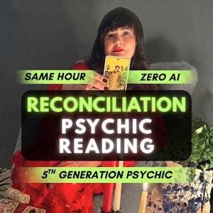 May include: A person in a red garment holds a tarot card featuring a figure in a yellow robe. Text overlays read: SAME HOUR, ZERO AI, RECONCILIATION PSYCHIC READING, and 5TH GENERATION PSYCHIC. Two lit candles and additional tarot cards are visible.