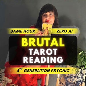 Puede incluir: Una persona con una prenda roja sostiene una carta del tarot con el número nueve. Los textos superpuestos dicen SAME HOUR, ZERO AI, BRUTAL TAROT READING y 5TH GENERATION PSYCHIC. Dos velas encendidas y un atado de salvia son visibles.