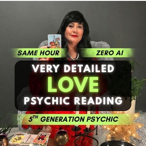 以下が含まれることがあります： SAME HOUR、ZERO AI、VERY DETAILED LOVE PSYCHIC READING、5TH GENERATION PSYCHICというテキストが記載されたサイキックリーディングサービスの広告。画像にはタロットカード、キャンドル、赤いトップスを着てタロットカードを持っている人物が写っています。