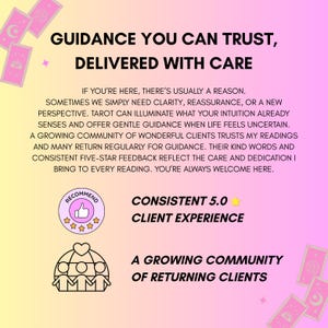 May include: A promotional graphic with a gradient background of pink and yellow. Text reads "Guidance You Can Trust, Delivered With Care." Additional text highlights client experience and a growing community. Tarot card illustrations are in the corners.