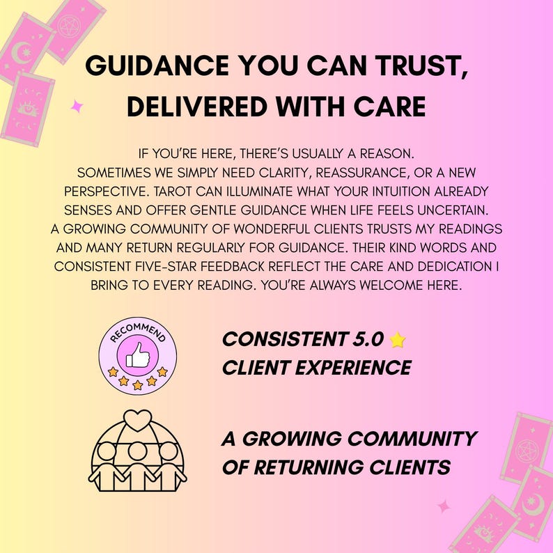 May include: A promotional graphic with a gradient background of pink and yellow. Text reads "Guidance You Can Trust, Delivered With Care." Additional text highlights client experience and a growing community. Tarot card illustrations are in the corners.