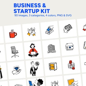 May include: A collection of business and startup-themed icons, including a coffee cup, headphones, and a laptop. The icons are arranged in a grid. The text at the top reads "BUSINESS & STARTUP KIT". The image includes the text "90 Images, 3 categories, 4 colors, PNG & SVG".