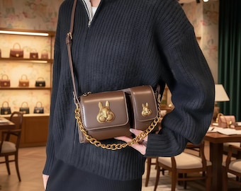 Retro PU Leather Crossbody Bag – Chain Strap Flap Handbag with Metal Rabbit Detail