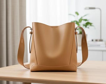 Minimalist Leather Shoulder Bag, Large Bucket Shopper Tote for Everyday