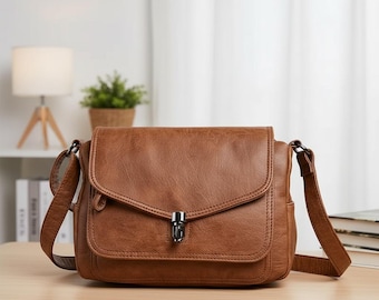 Classic Leather Crossbody Bag for Women, Soft Casual Shoulder Handbag