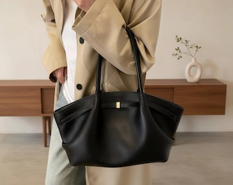 Soft PU Leather Underarm Shoulder Bag, Lychee Textured Mini Tote for Women