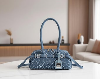 Chic Denim Underarm Bag for Women – Diamond Design Shoulder & Crossbody Chain Purse