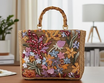 Embroidered Flower Sequin Straw Handbag, Large Woven Beach Tote with Faux Bamboo