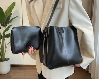 Women’s Retro Shoulder Tote Bag Set, Wide Strap Crossbody with Mini Coin Purse