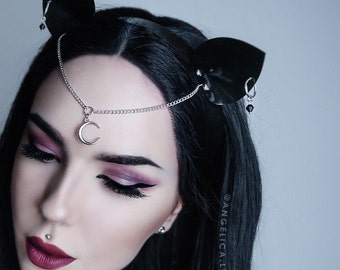 LUNA Kitty Cat Ears Headband With Earrings and Crescent Forehead Charm