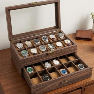 24 Slot Watch Box, Rustic Brown 2 Tier PU Leather Case with Glass Display Drawer