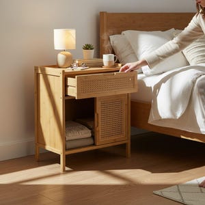 May include: A light-colored bamboo nightstand with a drawer and a cabinet door. The drawer and door feature a woven rattan design. A small lamp, a potted plant, and a mug sit on top. The nightstand is next to a bed with white bedding.