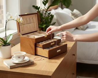 Modern 3-Layer Wood Jewelry & Watch Box, Large Organizer Case with Drawers, Gift for Her (Black Walnut/Brown/White)