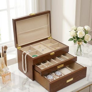 Solid Wood Watch Case, Luxury Walnut Finish Organizer Box with Glass Lid, Timepiece Display Storage for Men's Collection