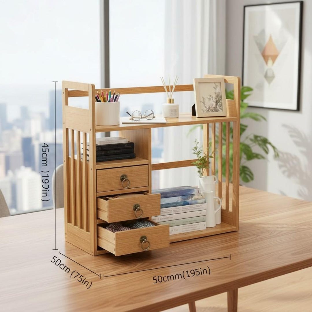 Bamboo Desktop Bookshelf Organizer With 3 Wood Drawers, Natural Office ...