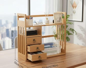 Bamboo Desktop Bookshelf Organizer with 3 Wood Drawers, Natural Office Storage Rack Stand Shelf