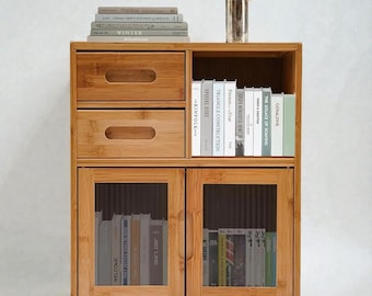 Bamboo Kitchen Pantry Cabinet, Bread Box for Countertop with 2 Drawers, Natural Wood Storage Organizer with Clear Acrylic Doors