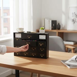 May include: A black wooden desk organizer with multiple small drawers and brass-colored handles. The organizer has a rectangular shape and is sitting on a wooden desk. A hand is opening one of the drawers. A small plant and a cup are on top.
