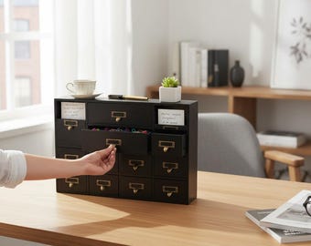 12-Drawer Wooden Desk Organizer Cabinet, Vintage Apothecary Chest, Library Card Catalog Style for Home Office Organization