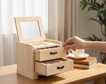 Natural Wood Jewelry Box Organizer, Small Keepsake Chest with Drawers, Unfinished Style Mini Cabinet for Trinkets and Crafts