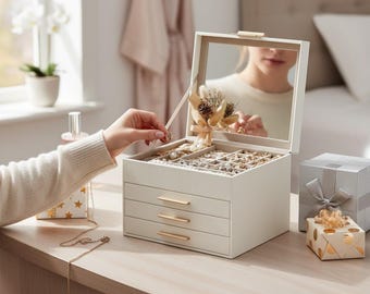 Modern 4-Layer Jewelry Box with Clear Glass Lid, White and Gold Organizer with 3 Drawers for Big and Small Jewelry Storage