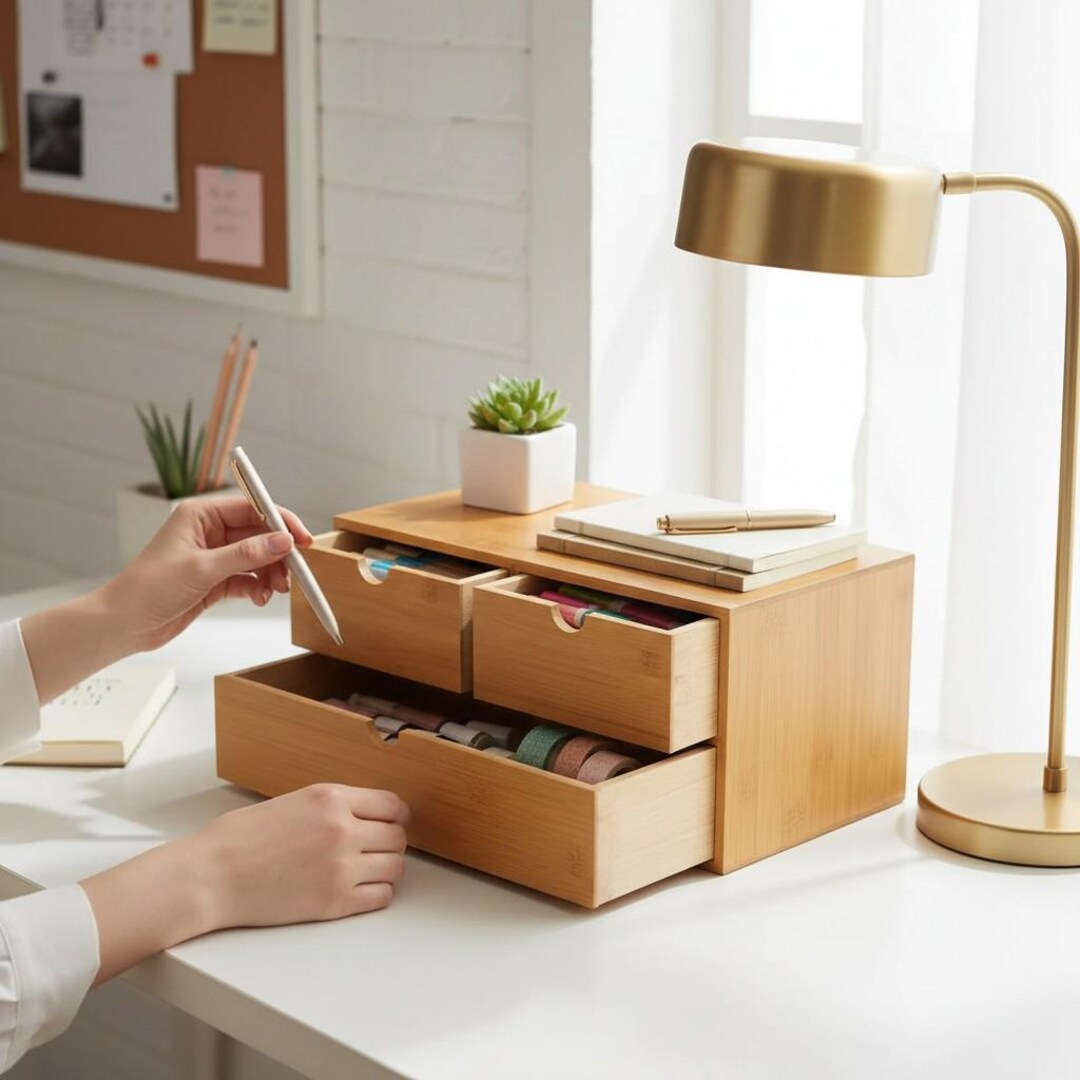 Bamboo Desktop Organizer With 3 Drawers, Wood Storage Box for ...
